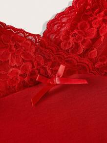 SHEIN ICON Plus Size Sexy & Elegant Solid Color Lace Patchwork Ruched Slim Cami Top, For Summer - Red - View 3