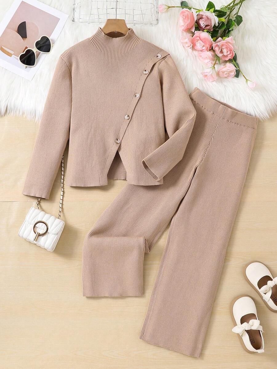 Sparklyn 2 件套 Tween Girls 保暖针织高领套头衫和阔腿裤套装，时尚休闲装，适合旅行和家居穿着，秋冬 - 卡其色 - 查看 1