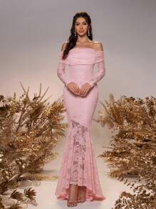SHEIN Belle Women's Elegant Blush Pink Stretch Lace Off-Shoulder Long Sleeve Asymmetric Fishtail Dress,Spring Wedding Formal Bridesmaid Party Dresses - Dusty Pink - View 6