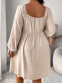 SHEIN Frenchy Plus Size Women Casual Solid Color Lantern Sleeve Dress, Autumn - Apricot - View 2