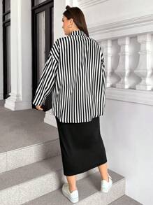 SHEIN Essnce Damen Große Größen Herbst- und Wintermode bequemer schwarz-weiß gestreifter langärmliger Knopfhemd und schwarzes Schlankheitskleid Zweiteiler, Herbstmode für Damen, Herbstoutfit Sets