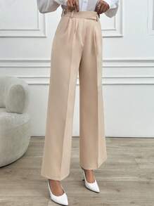 RueChic Women Solid Color Mid Waist Wide Leg Pants - Beige - View 1