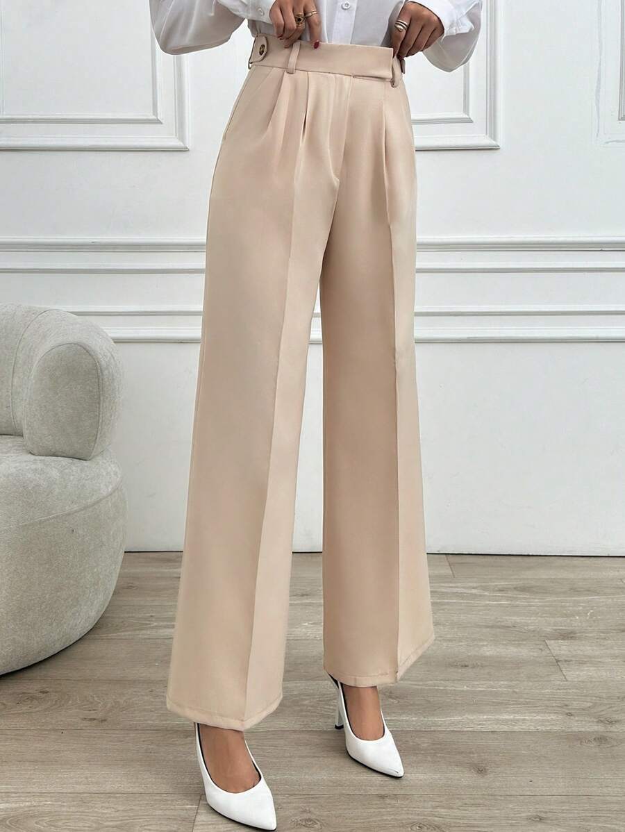 RueChic Women Solid Color Mid Waist Wide Leg Pants - Beige - View 1