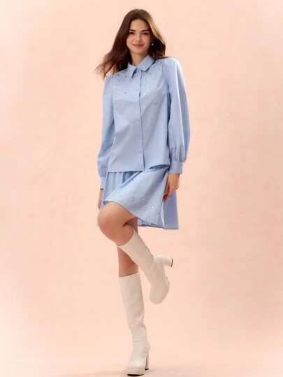 Enchnt 女式优雅水钻装饰泡泡袖衬衫，秋季