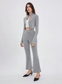 SHEIN EZwear Bộ đồ 2 món cho nữ: Áo khoác lông cừu dài tay có khóa kéo và quần ống loe, Thu/Đông - Xám - Xem 5