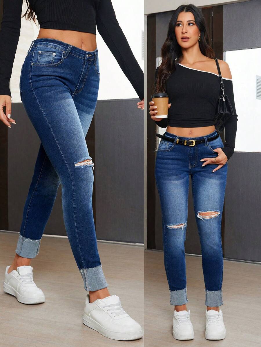 SHEIN Essnce 女式蓝色破洞磨边紧身牛仔裤，秋季 - 深色水洗藍 - 查看 1