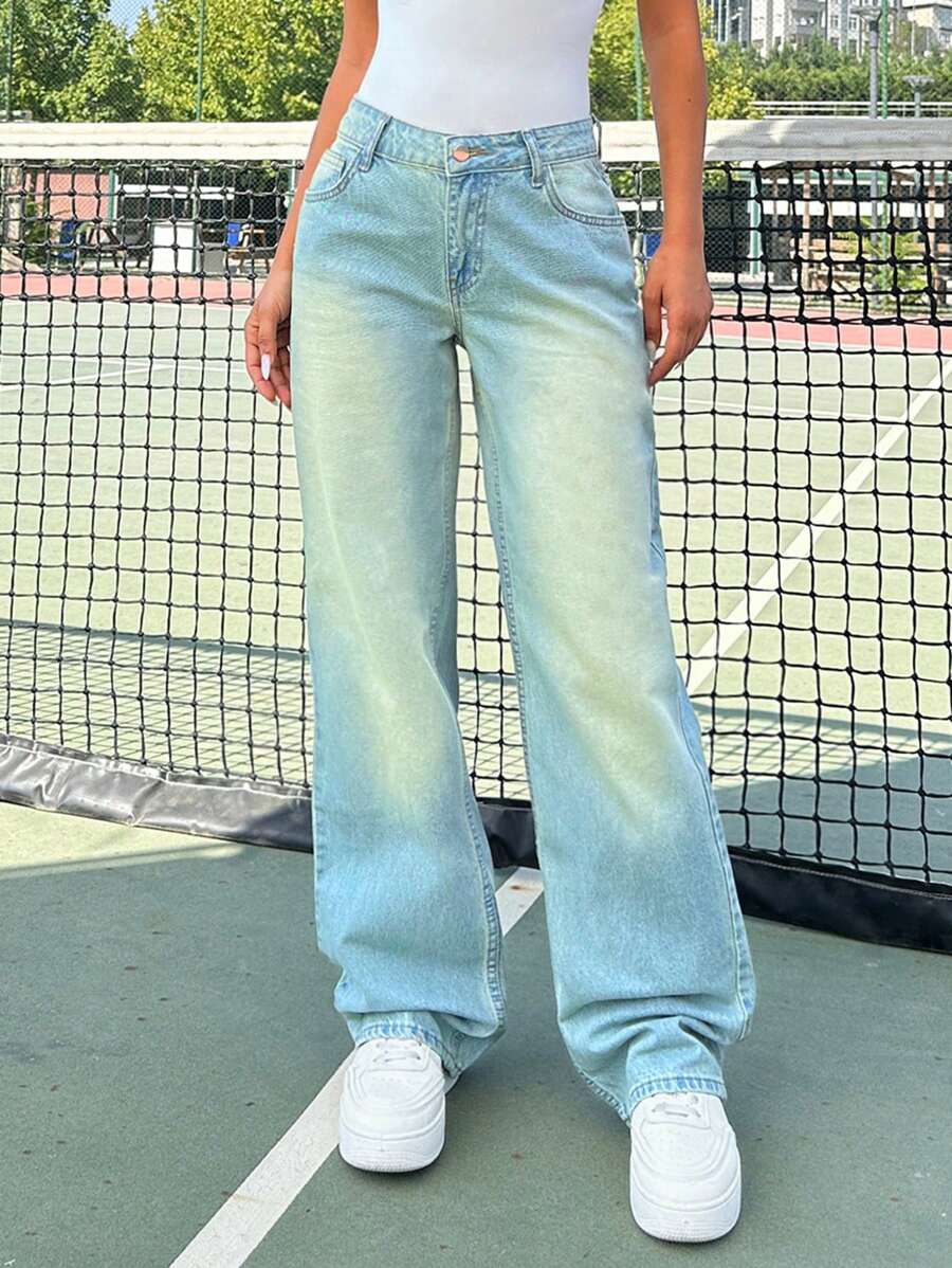 SHEIN Cottnline 纯色拉链口袋休闲直筒牛仔裤 - 淺色水洗藍 - 查看 1
