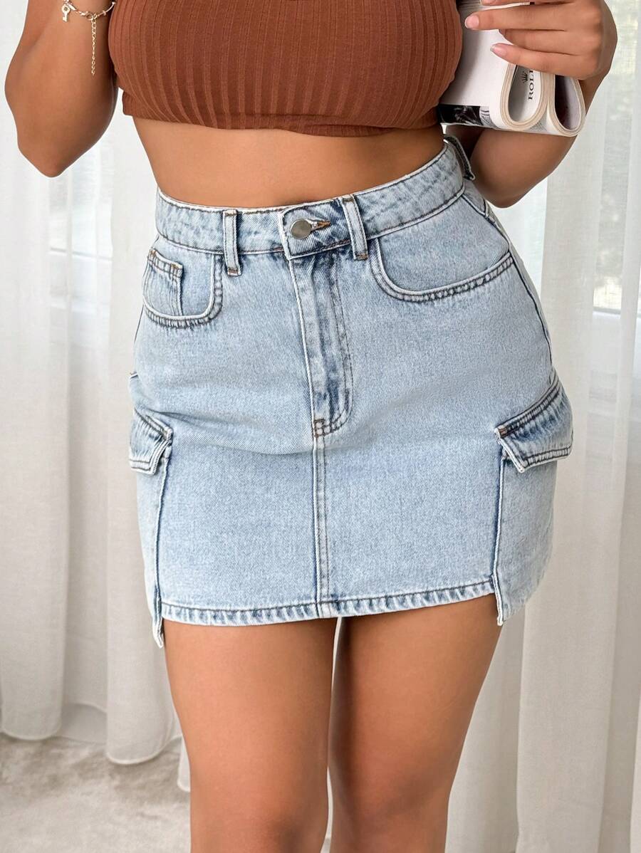 Summer Casual High Waisted Cargo Pocket Denim Skirt - Medium Wash - View 1