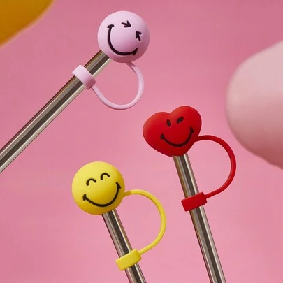 SmileyWorld® | SHEIN 1 件心形和圆形硅胶吸管套，防尘饮用吸管可重复使用吸管头盖（不含吸管）