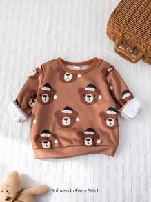 Cozy Pixies Baby Boy Cartoon Christmas Bear Print Crew Neck Long Sleeve Raglan Sweatshirt - Brown - View 8