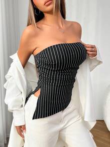 SHEIN PETITE 女式黑色编织条纹抹胸，下摆和开衩不对称 - 黑與白 - 查看 3