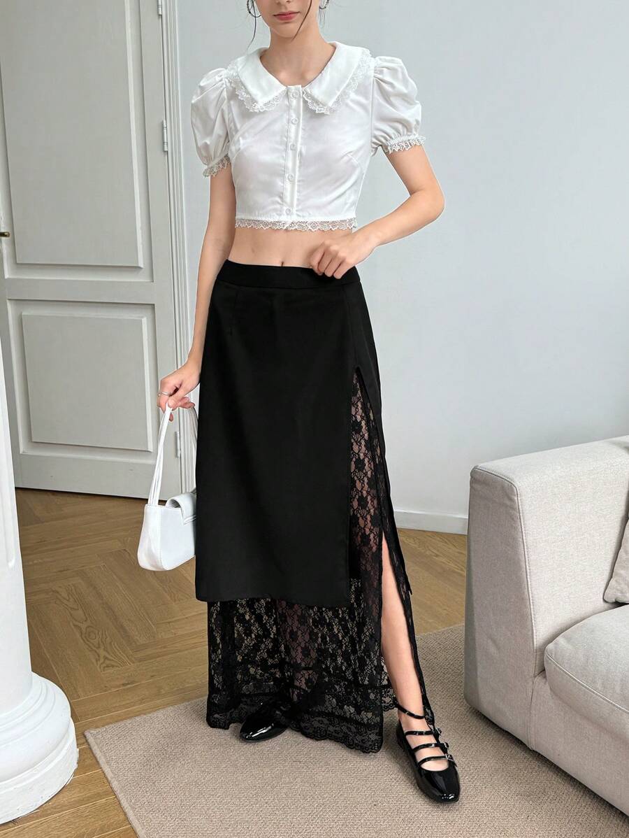INAWLY 黑色优雅蕾丝开叉性感女式长裙 - 黑色 - 查看 1