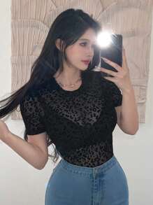 Joudiya Leopard Floral Print Mesh Short Sleeve Women Top Going Out Tops Summer Sheer,Crop Tops Women - Black - View 7