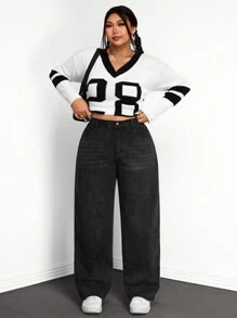 SHEIN ICON Women's Plus Size Straight Leg Boyfriend Jeans - Black - View 3