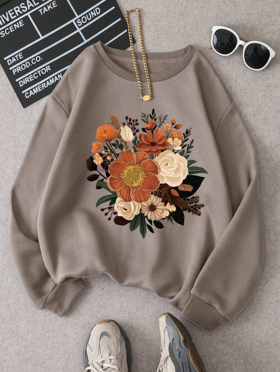 INAWLY 女士休闲印花落肩宽松抓绒卫衣，秋冬季长袖套头衫 - 摩卡棕 - 查看 1