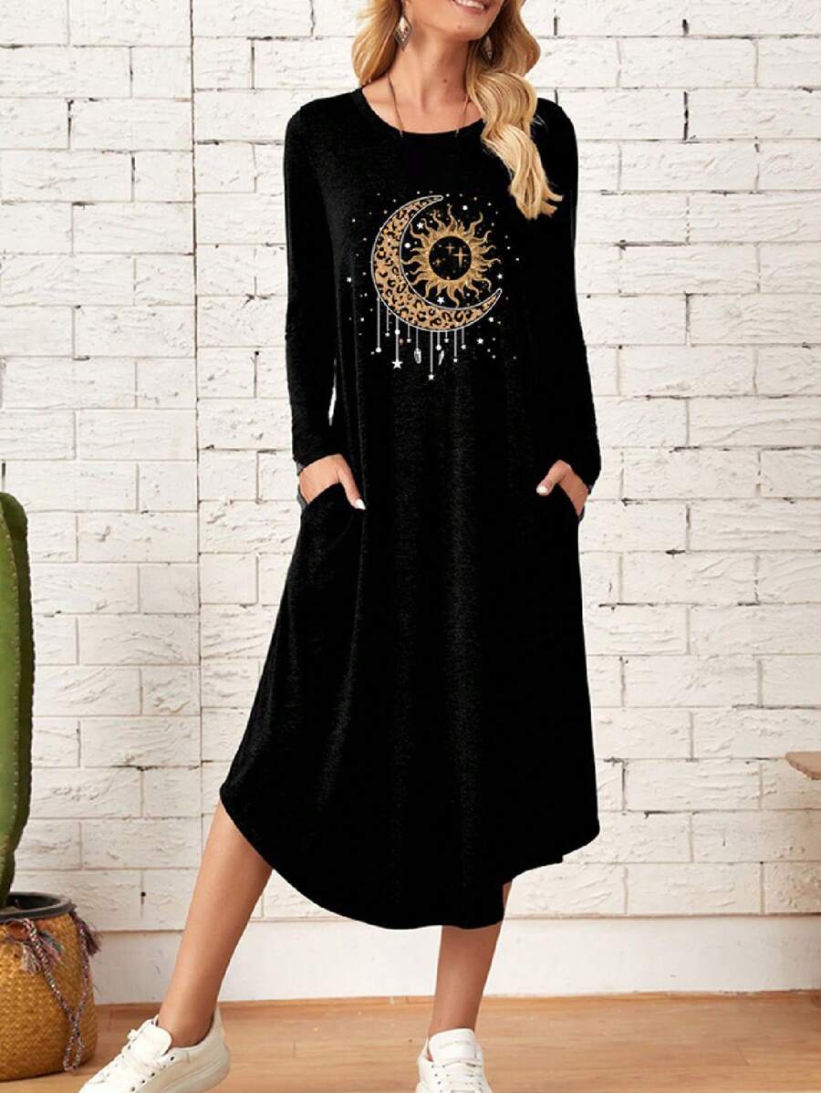 EMERY ROSE Metallic Moon, Sun, Star Graphic Striped Knit Asymmetrical Pocket Curved Hem Dress