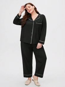 LUVLETTE Autumn And Winter Women Plus Black Soft Modal Basic Button-Up Long Pajama Set With Contrast Trim Lounge Sets For Women Fall Pajamas Clothes - Black - View 3