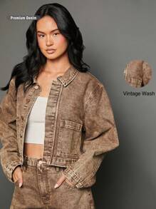 WESTFADE Winter Clothes Premium Cotton Denim Button Up Long Sleeve Cropped Jacket With Pockets - Khaki - View 13