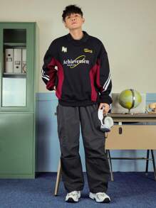 DAZY Men's Patchwork Letter Print Pullover Sweatshirt, Autumn - Black - View 3