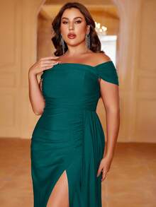 Faeriesty Plus Size Off-Shoulder Draped Ruffle Hem Dress, Elegant Formal Evening Gown For Weddings, Galas, Graduation Ceremonies And Other Formal Occasions - Dark Green - View 6