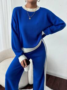 EURMUSE Conjunto de 2 piezas para mujer compuesto por un suéter holgado de punto de manga larga con rayas azules y blancas y pantalones - Azul y blanco - Ver 5