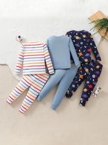 Conjunto de pijama de 3 piezas para bebé niño con camiseta de manga larga con estampado de letra y rayas de espacio exterior, y leggings de ajuste ceñido