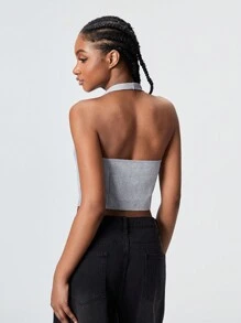 SHEIN Unity 1 件灰色性感挂脖蝴蝶结吊带无袖吊带背心，办公室淑女风格，秋冬 - 灰色 - 查看 2