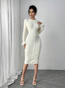 SHEIN Unity 1 件羽毛装饰修身长裙，秋冬 - 杏色 - 查看 1