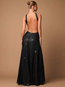 SHEIN BAE 优雅简约黑色镂空系带开衩闪光亮片派对礼服，适合鸡尾酒会、浪漫约会、秋冬针织连衣裙、派对、婚礼伴娘、夜间外出、万圣节、圣诞节 - 黑色 - 查看 3