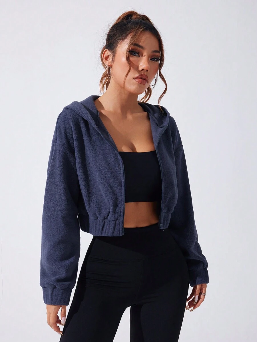 Easithlete 1 chiếc áo khoác thể thao trùm đầu tối giản tay dài khóa kéo phía trước màu trơn, mặc thường ngày - Màu xám đen - Xem 1