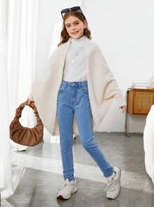 Tween Girl Batwing Sleeve Open Front Imitation Teddy Fur For Warmth Coat