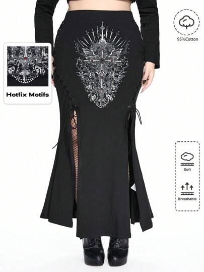 Goth Minigonna aderente sexy con spacco laterale, trasparente e decorata con cristalli romboidali, adatta a taglie forti