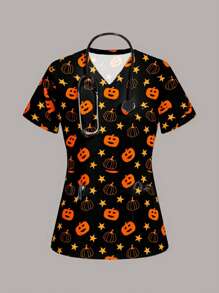 SHEIN LUNE 大码休闲简约全印花磨砂制服上衣，夏季万圣节 - 彩色 - 查看 1