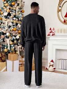 Manfinity VCAY 2pcs Men's Knitted Fashion Daily Young Casual Loose Thick Long-Sleeved Texture Jacquard Men Hoodie Sweatshirt & Pants Co-Ords Halloween Clothes Ins Style Clean Fit Thick Christmas Clothes, For Fall Winter - Black - View 2