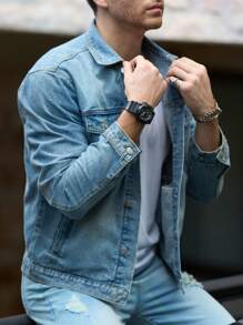 Manfinity Homme Men Front Button Pocket Long Sleeve Simple Plain Casual Casual Denim Jacket, For Husband - Medium Wash - View 3