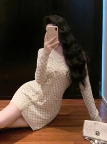 DAZY Women V-Neck Textured Plaid Mini Sweater Dress,Fall Clothes - Beige - View 3