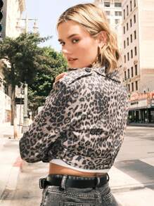 SHEIN EZwear 女士秋冬纯棉人字纹印花宽松短款风衣 - 棕色 - 查看 2