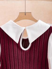 Tween Girl Casual Academy Style Color Block 2 In 1 Long Sleeve Ruffled Collar Shirt - Burgundy - View 7
