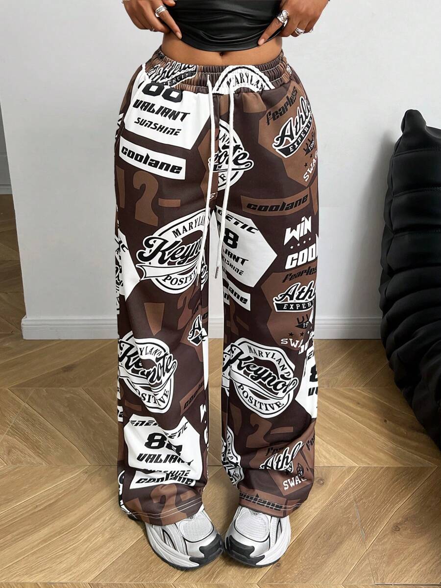 Coolane 女士春夏嘻哈休闲数字图案撞色足球运动裤 - 咖啡棕 - 查看 1
