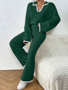 Joy Knit Women Casual Dropped Shoulder Loose V-Neck Contrast Binding Sweater And Loose Wide Leg Knit Pants Set - Dark Green - View 5