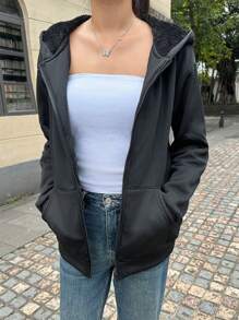 SHEIN EZwear Áo hoodie lót lông cừu có khóa kéo vai mới dành cho nữ - màu đen - Xem 3