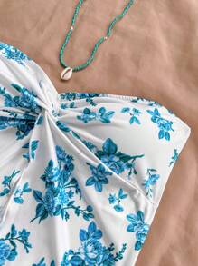 Soleia Blusa de gasa cómoda con estampado floral azul y blanco, corte halter y abertura frontal, adecuada para té de la tarde, temporada de graduación, y como capa para el invierno