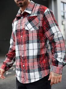 Manfinity Homme Übergröße Herren Casual Daily Vintage Plaid Knopf Pocket Shirt, Herbst - Bordeaux - Übersicht 3