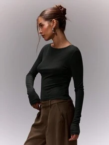 MUSERA 修身长袖上衣，休闲机场度假返校季冬季优雅春季日常夏季皆宜 - 黑色 - 查看 3