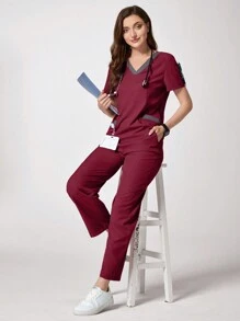 TaskEZ 勃艮第红撞色短袖上衣和裤子护理服套装