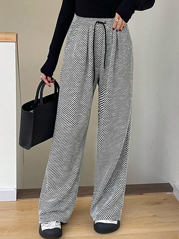 DAZY Women's Striped Drawstring Waist Wide Leg Loose Casual Pants, All-Match,Fall Clothes