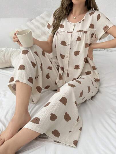 SHEIN Polka Dot Bear Printed Loose Fit Women's Short Sleeve Pajama Set, Summer