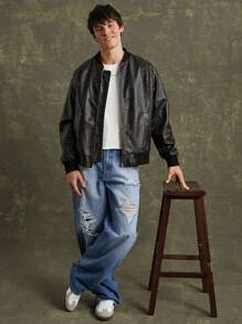 Men Faux Leather Bomber Jacket - Black - View 5