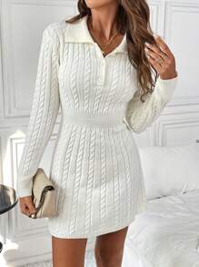 Chiquease 女式束腰高领 A 字形针织连衣裙 - 米色 - 查看 5