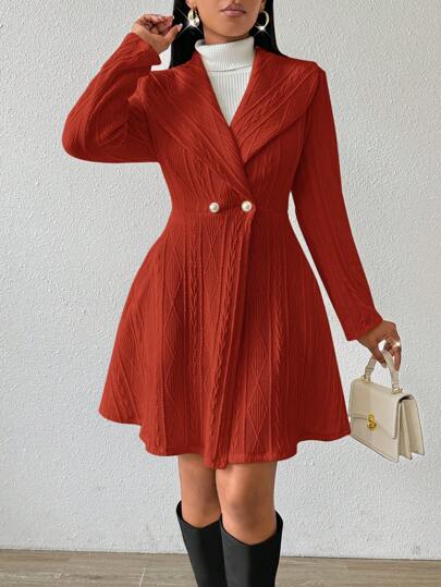 SHEIN Lady 春夏休闲优雅工作秋冬长袖中长外套短外套白色纹理精纺女大衣